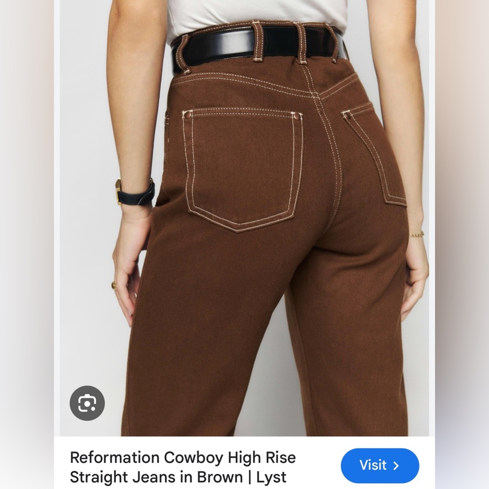 Reformation Cowboy High Rise Straight Jeans in Chocolate Brown.
